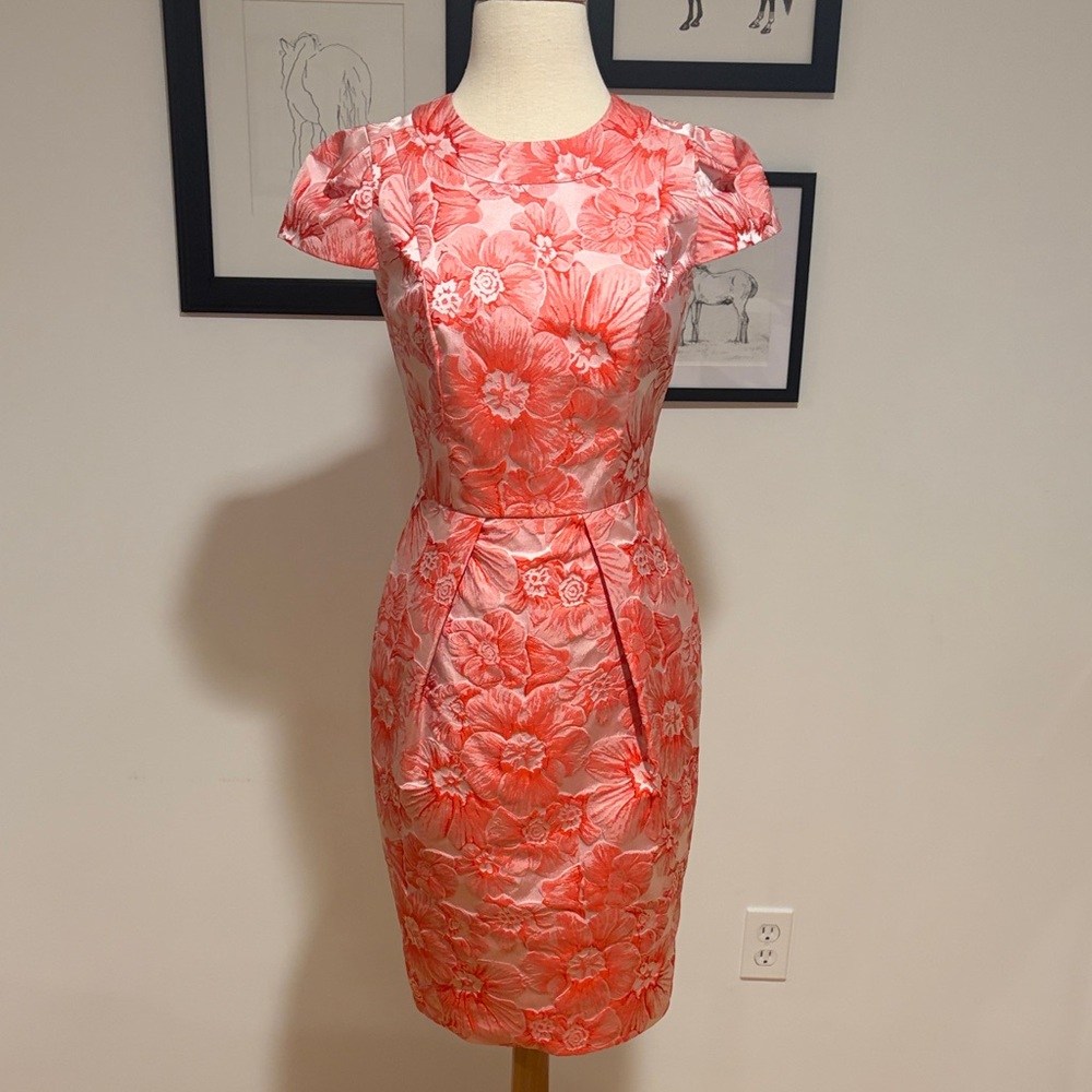 Carmen Marc Valvo Coral Pink Floral Jacquard Midi Dress